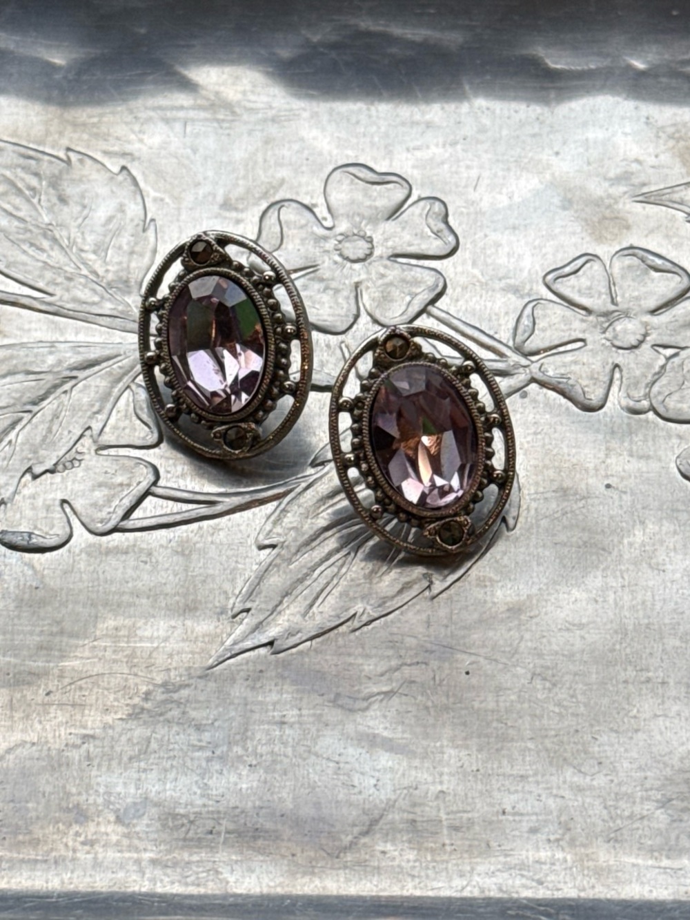 Delicate Amethyst Oval Crystal Filigree Stud Earrings